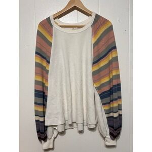 We The Free Striped Thermal Waffle Knit Long Sleeve Top White Extra Small